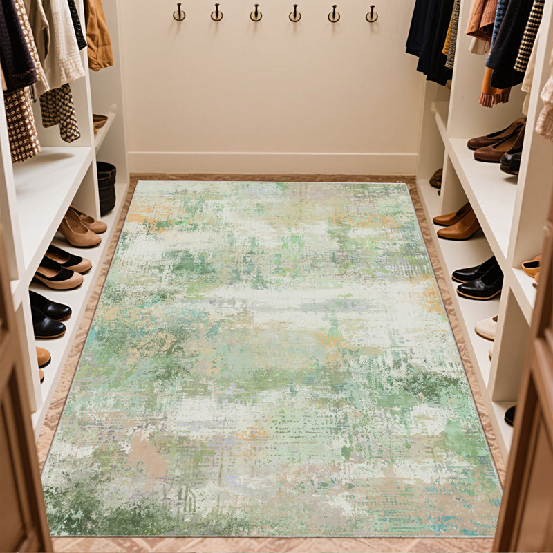 Modern Abstract Washable Rugs Indoor, Green Soft Low Pile Area Rug For Living Room, 4x6 Non Slip Decorative Rug for Bedroom, Performance Rug for Home Decor, Ideal For High Traffic Areas