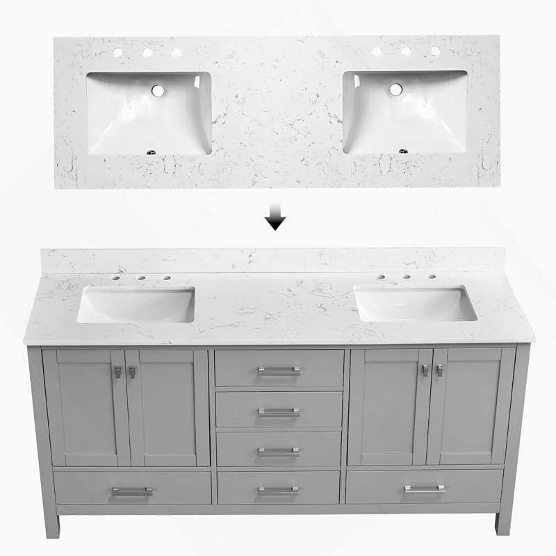 Meuble-lavabo 72 po, meuble-lavabo avec cadre en bois massif, comptoir autoportant avec double cuve gris, 72"