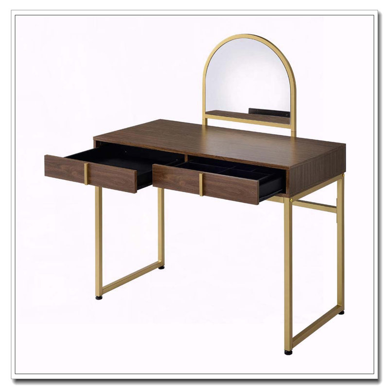 Bureau de coiffeuse 2 tiroirs avec miroir et plateau à bijoux, noyer et or