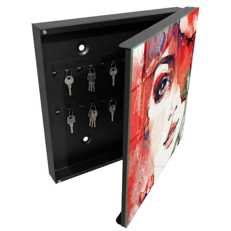 Wall mounted key box, Opens to the right, 30x30x5, White, Portrait of a woman in warm colors with abstraction, 