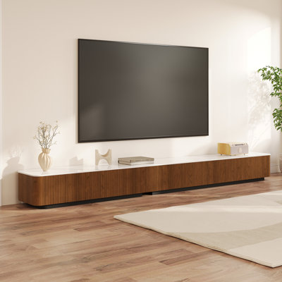 118.1" Brown Wood Patchwork Marble Countertop TV Storage Cabinet, 5 Drawers