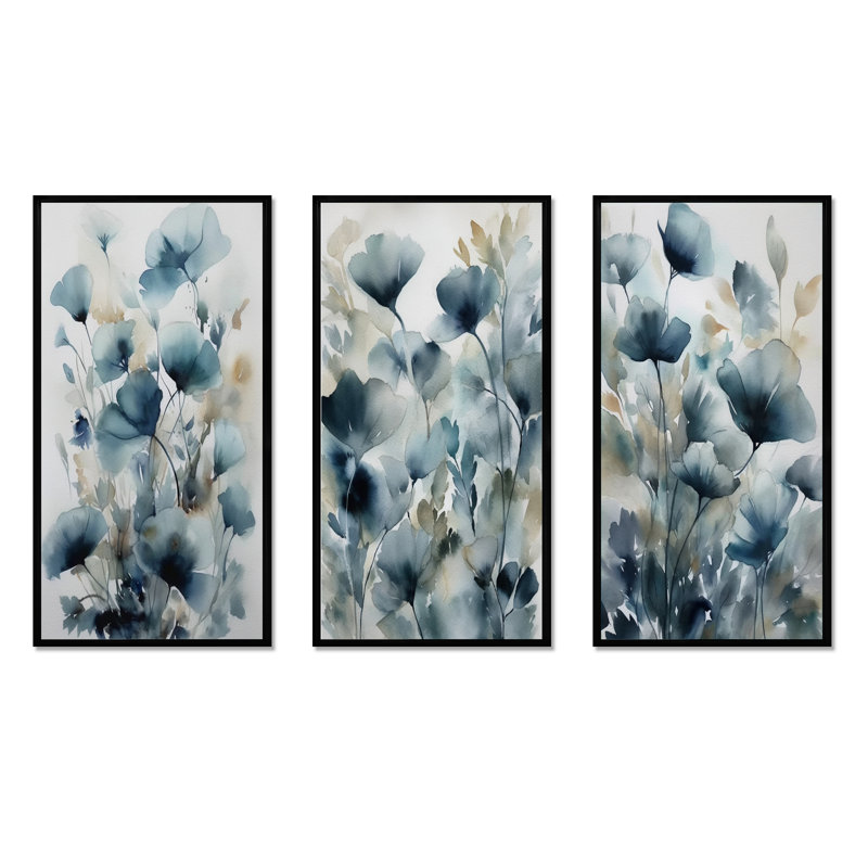 3 pièces sur toile - Feuillage bleu et fleurs, Cadre flottant noir, H 40 po x l 60 po