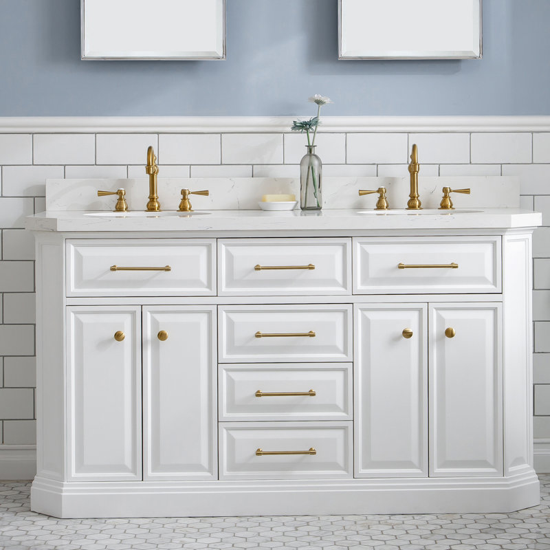 Meuble-lavabo de comptoir en quartz Carrara de 60 po avec robinet Bruning, Blanc pur, Laiton satiné, fixé sur le comptoir