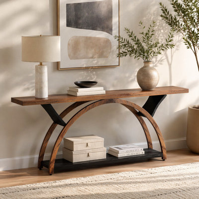 70.87" Console Table with Storage Shelf, Narrow Long Sofa Table Behind Couch Table, 2-Tier Rustic Entryway Table with Half Moon Frame for Hallway Livi
