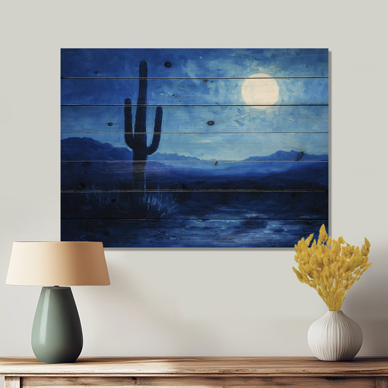 Cactus sous les étoiles bleues du désert II - décoration murale en bois de cactus floral - sur bois de pin naturel
