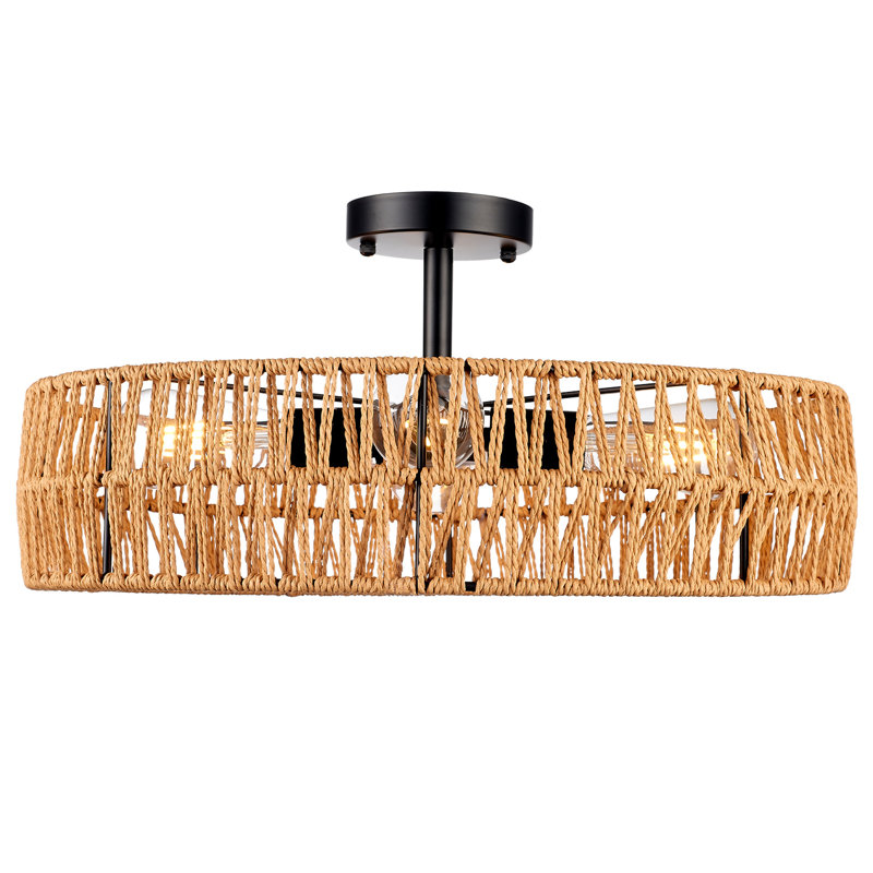 Plafonnier semi-encastré 20 po, luminaire boho en rotin, 4 lumières de style maison de campagne.