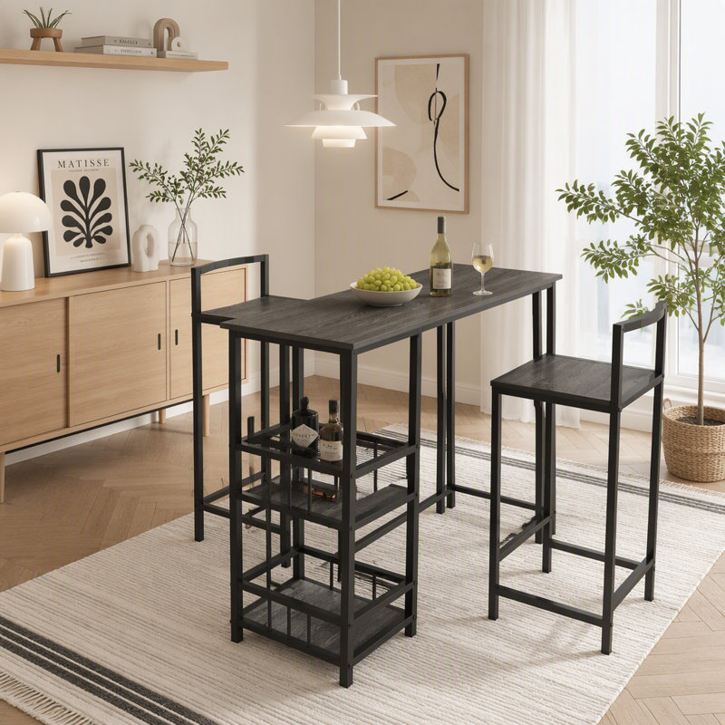 Ensemble de table de bar 3 pièces avec 2 tabourets de bar sans dossier, table de bar rectangulaire avec rangement latéral à 3 niveaux, aspect bois industriel