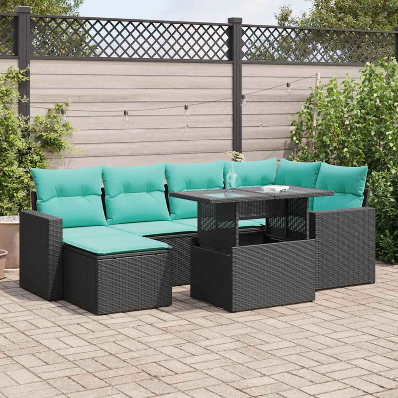 7 Piece Patio Sofa Set With Cushions Poly Rattan Acacia, Black, Green