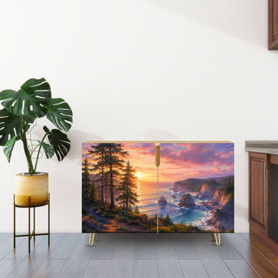 Sideboard Buffet Cabinet with Storage Coastal Sunset Pine Trees Rocky Cliffs with 2 Doors for Living Room and Kitchen
