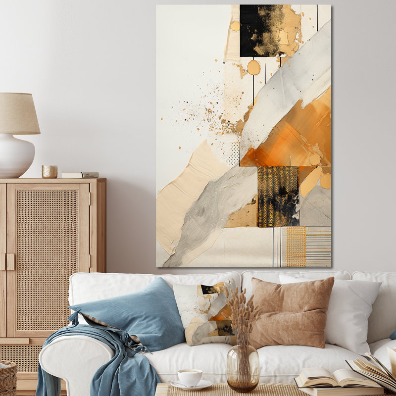 Or et gris coucher de soleil Collage I - Collages abstraits, art mural, Toile tendue, 44" H x 34" W