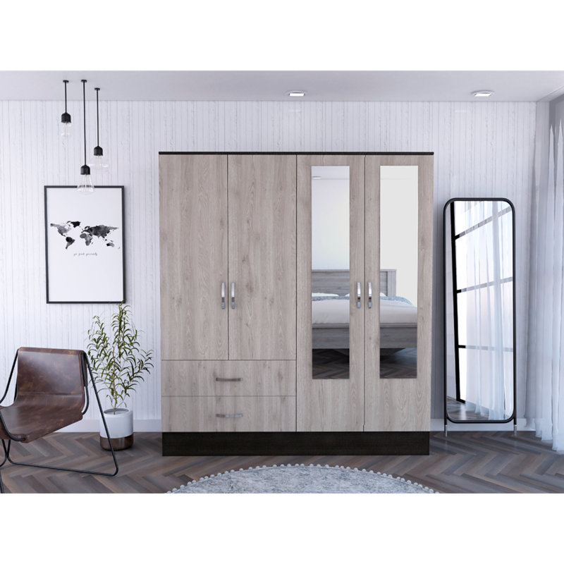 Armoire, six tablettes, deux armoires à deux portes, deux miroirs, deux tiroirs, tringle