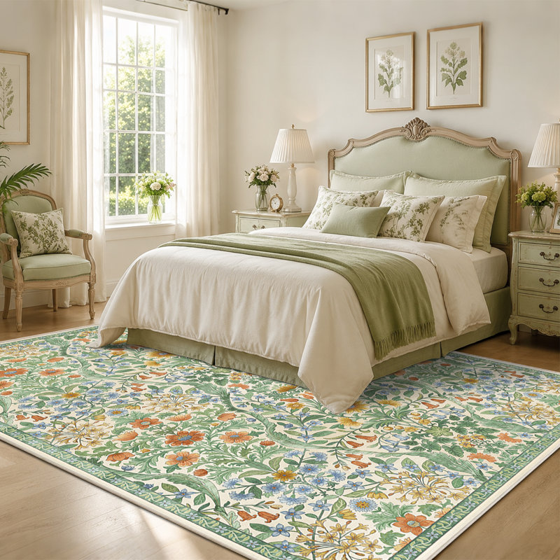 Washable Area Rug - Vintage Boho Botanical Low-Pile Rug, Rectangle 9' x 12', Grass Green