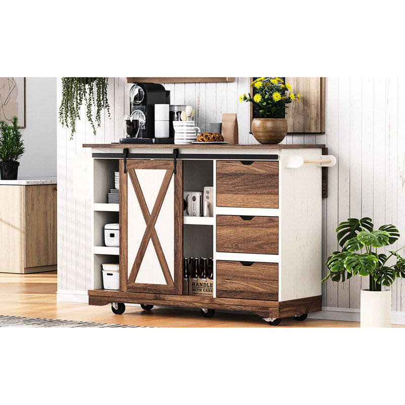 55.5 - Inch Kitchen Island, Drop Leaf, Sliding Barn Door, Adjustable Shelf, Lockable Wheels, And Dining Convenience Charging Station, Storage Drawers, Home