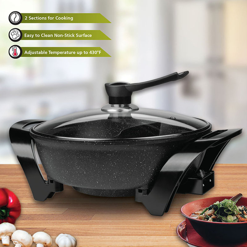 Black Electric Non-Stick Shabu Shabu Hot Pot with Glass Lid