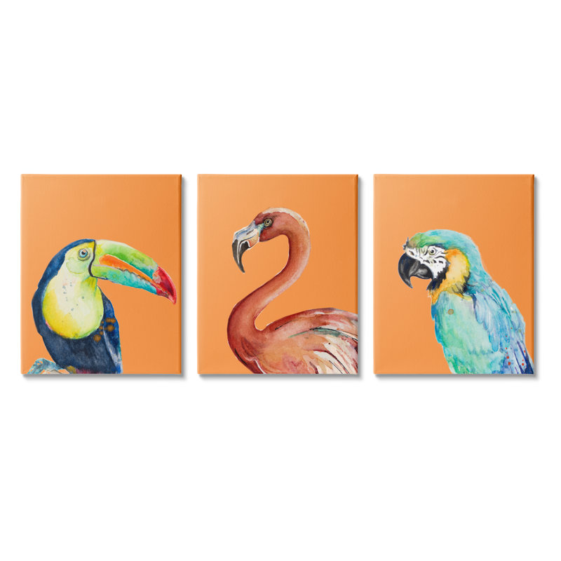«Bold Tropical Birds Rainforest Animals Toucan Parrot» par Patricia Pinto, ensemble de 3 peintures sur toile tendue