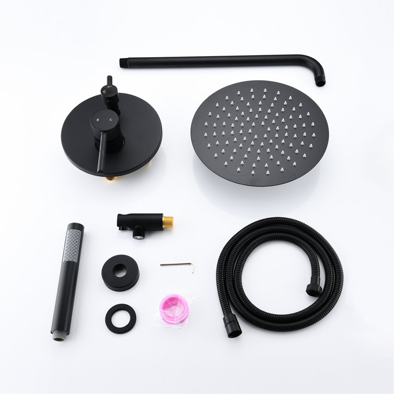 Douche murale, noir mat. Tête de pluie 10 po et portatif. Valve d'équilibrage. Support réglable. Joint à 360 °. Débit de 1,8 gal / min. Double tête. Compatible avec la plomberie américaine