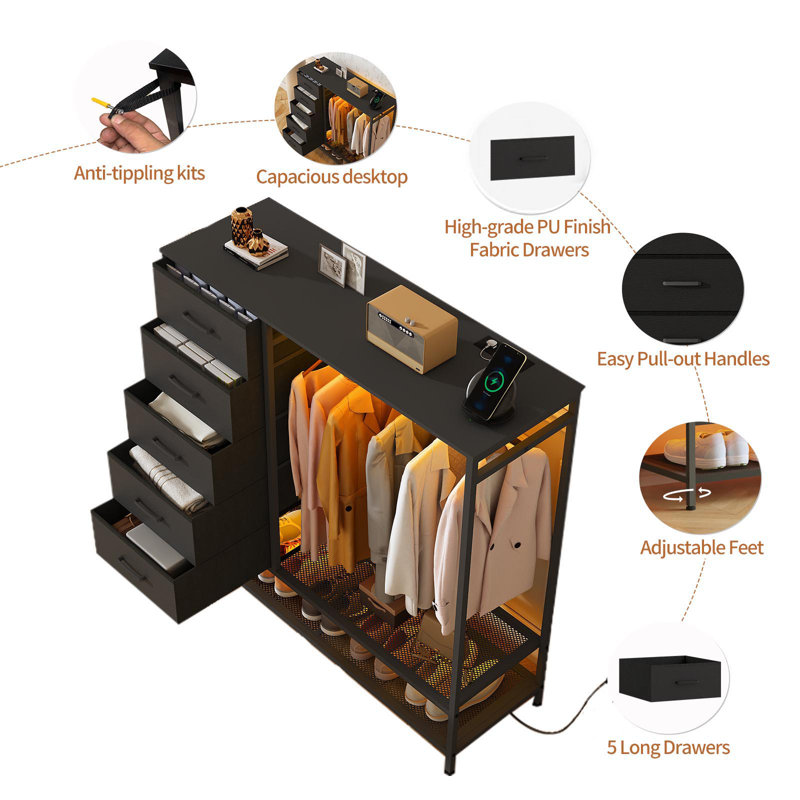 47.2'' W 5 - Drawer Dresser for Bedroom with Hanging Rack Led Lights and Charging Station, Black