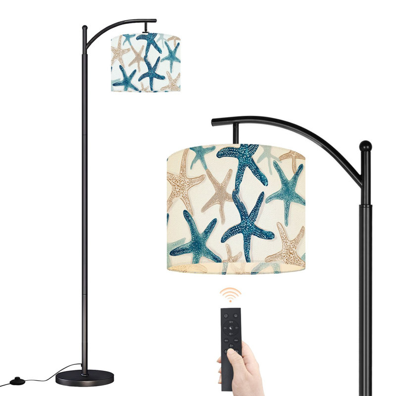 Lampe sur pied à arc avec abat-jour réglable Répétition d'étoile de mer nautique répétée Bleu marine turquoise blanc Lampe sur pied 3 températures de couleur à intensité variable avec poteau pour l'interrupteur de la chambre à coucher