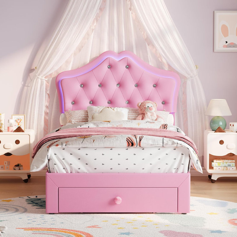 Bed Frame with LED Lights, Upholstered Platform Bed with Storage Drawer, Crystal Tufted Headboard for Kids, Teens, Noise-Free Slats & Easy Assembly