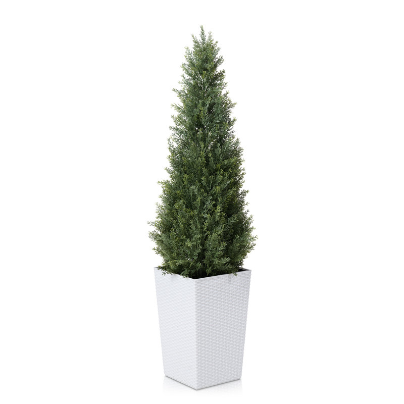 Topiaire de cèdre Adcock 4pi - faux cyprès résistant aux rayons UV avec grande jardinière et plantes décoratives, 1, Blanc