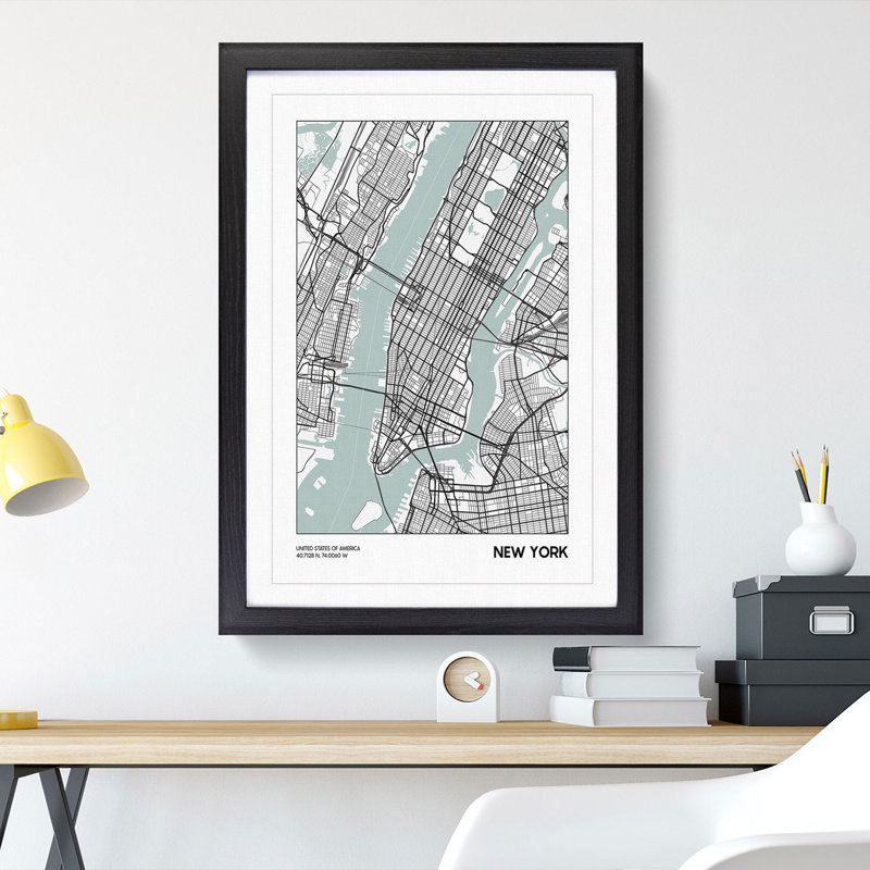Map New York USA - Picture Frame Graphic Art, 65cm H x 48cm W x 2cm D, Black