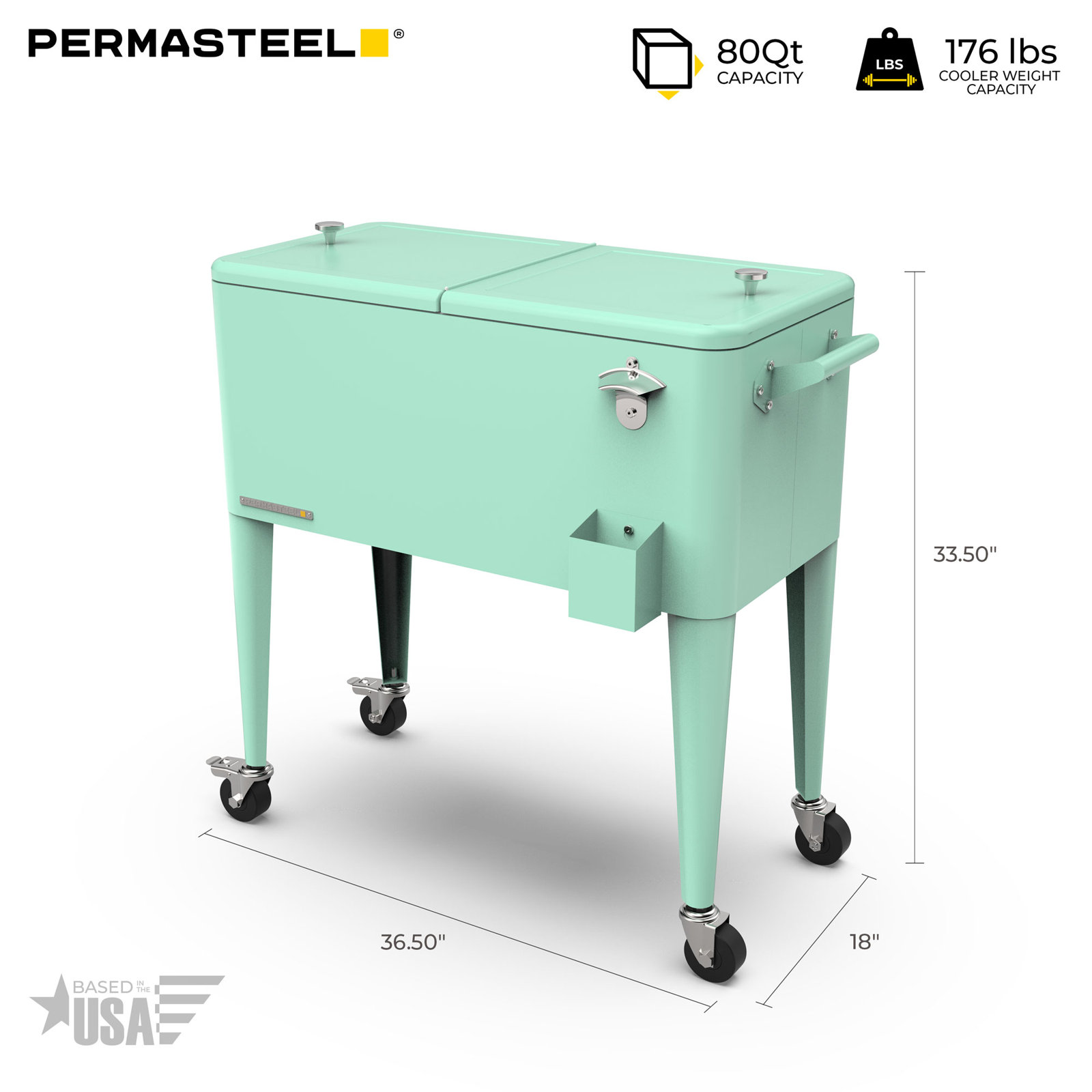 Permasteel 80-Qt Classic Outdoor Patio Cooler On Wheels, Mint, With Divider