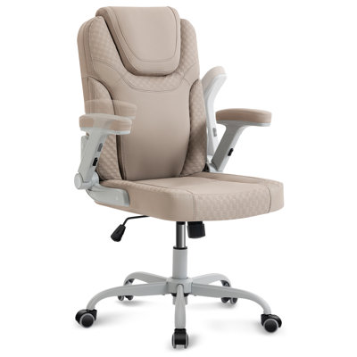 Beige Office Chair Ergonomic Desk Chair with Lumbar Support, Flip-Up Arms, Adjustable Swivel Computer Chair with Wheels, PU Leather Executive Task Chair for Home Office Small Space