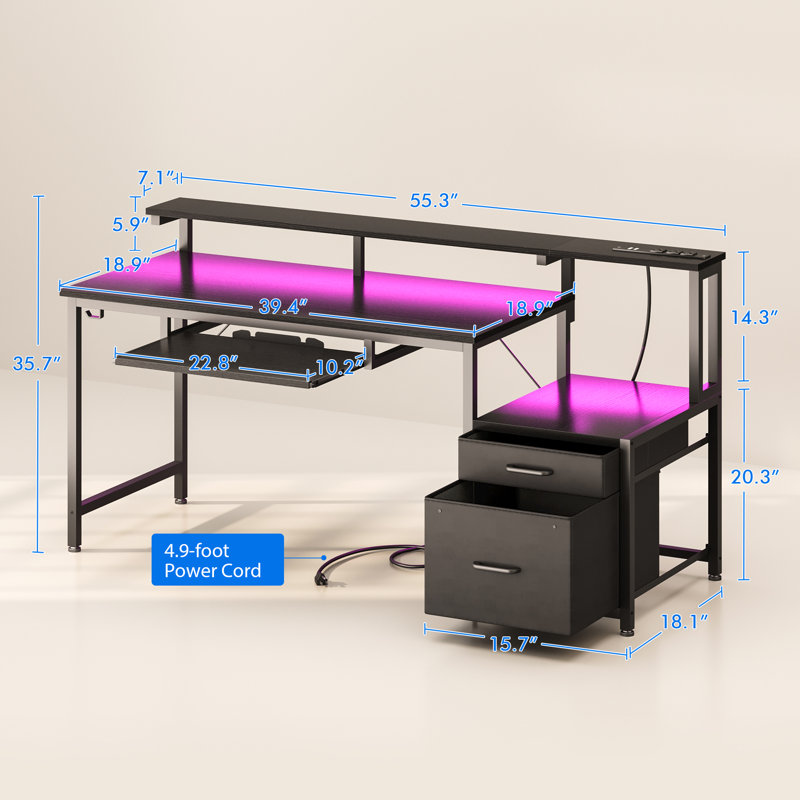 Harleysville Gaming Desk with Led Lights and Built-in Power Socket,Reversible Desk with Monitor Shelf and Cabinet ,Computer Desk with Pull-out Keyboard Tray