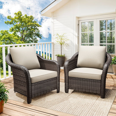 Polyethylene (PE) Wicker Wicker Outdoor Handrails Shaped Steel 2-Armrest Chairs Set with Beige Cushion