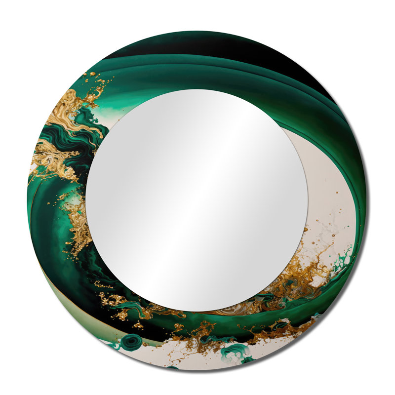 Pazley Emerald Green And Gold Abstract Waves II - Abstract Spirals Mirror, Green Decorative Wall Mirror, Printed Metal Art