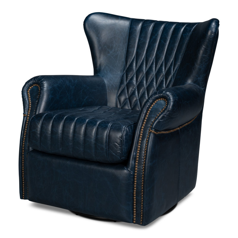 Bugatti Swivel Club Chair, Chateau Blue Genuine Leather