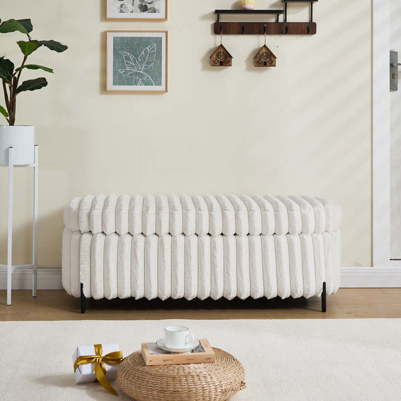 Faux Fur Flip Top Storage Bench with Black Metal Legs, Beige, 17.72" H x 49.21" W x 20.87" D