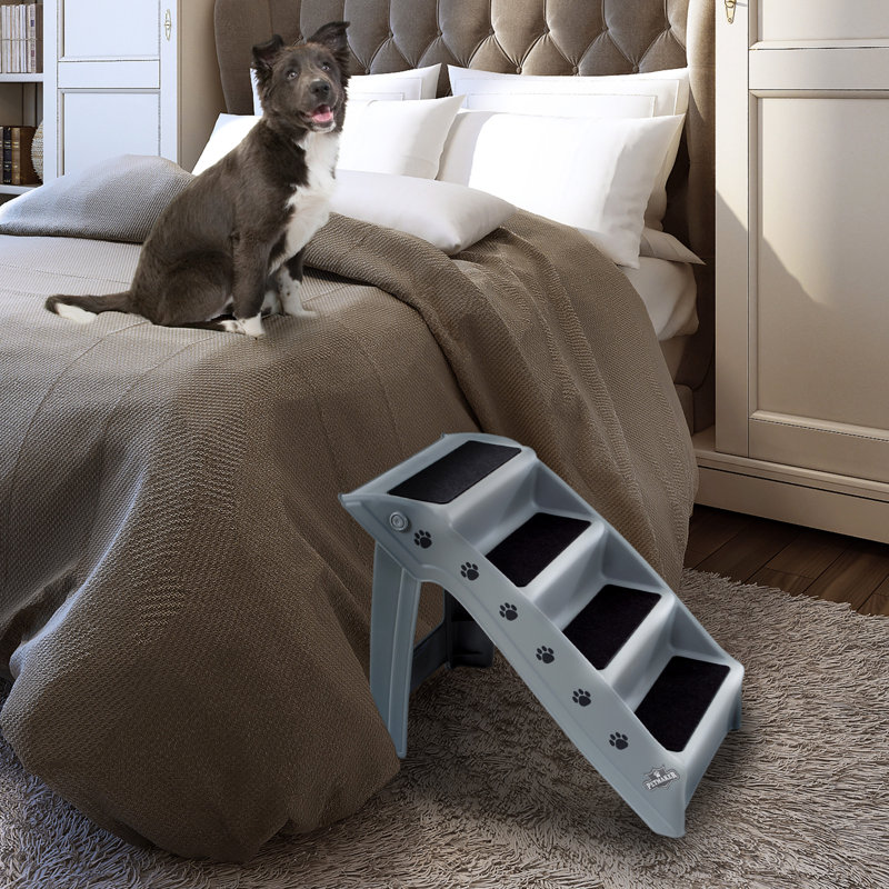 Gray Foldable 4-Step Plastic Pet Stairs with Paw Prints