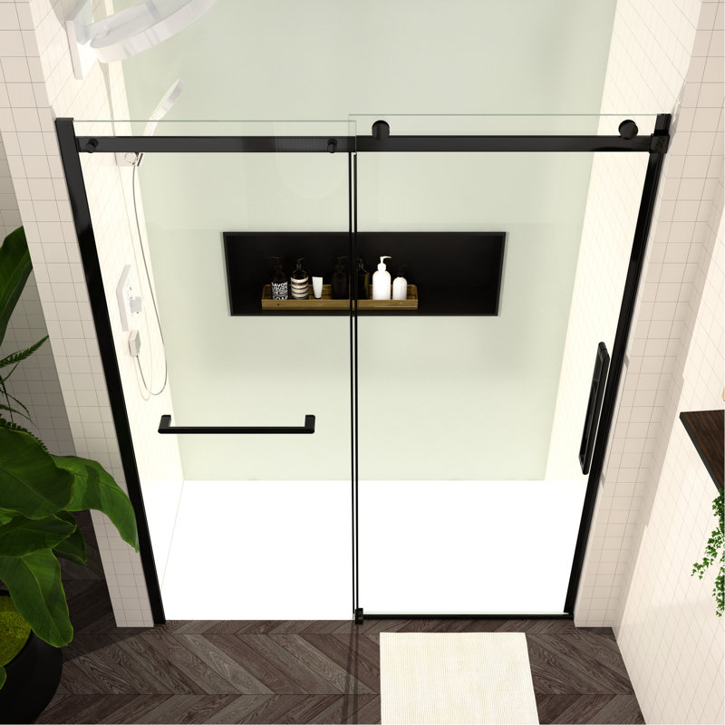 56 - 60"W X 76"H Bathroom Shower Door, Tempered Glass, Matte Black Fittings, Smooth Sliding Experience, Easy Maintenance Coating, Contemporary Style Glass Enclosure, 76"H, Design, Hardware, Movement,