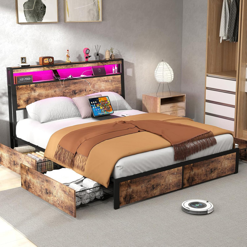 Bed Frame with 4 Storage Drawers and 2-tier Solid Wood Headboard Storage With Charging Station and LED Lights, Noise Free
