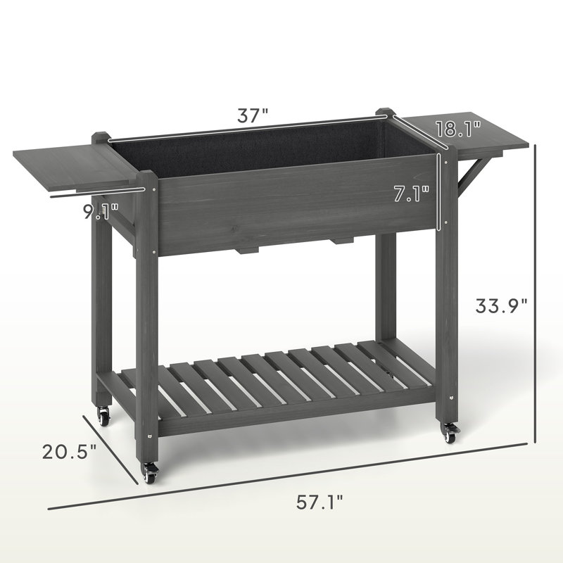 Lit de jardin surélevé, pot à fleurs surélevé en bois, avec roues verrouillables, tables d'appoint, tablette inférieure, trous de bonde