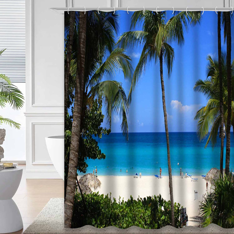 Rideau de douche imperméable avec 12 crochets Blue Boat and Beach Landscape, L 72 po x l 72 po