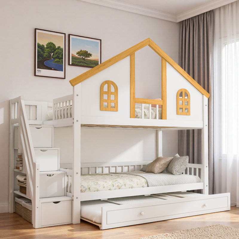 Wooden Bunk Bed With Storage Staircase, Trundle, House Roof And Window Door, Twin Over Twin