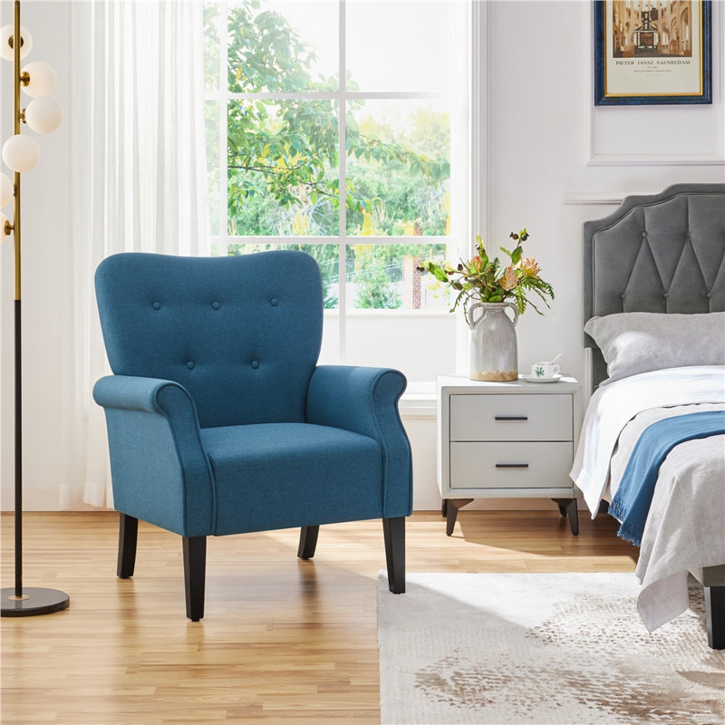 Canapé simple rembourré capitonné avec accoudoirs et pieds en bois 29 po Azani, Mélange de polyester bleu