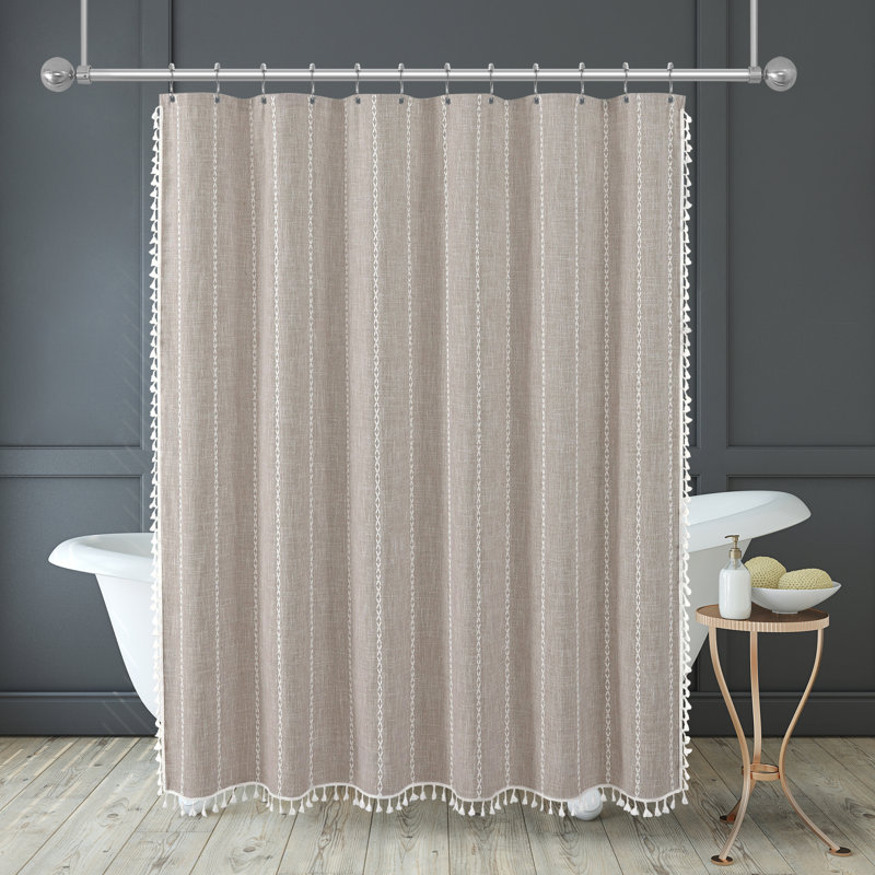  Rideau de douche 71 x 71 en lin tissé avec pampilles - comprend 12 œillets et crochets - 100% polyester, Taupe