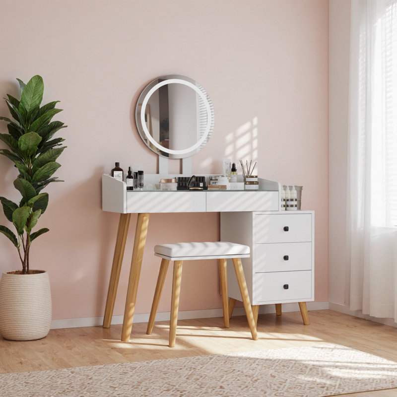 Meuble-lavabo 31 po avec miroir en verre 3 couleurs, table d'appoint coulissante, 5 tiroirs profonds, lumières alimentées par USB, tabouret en similicuir, finition blanc moderne