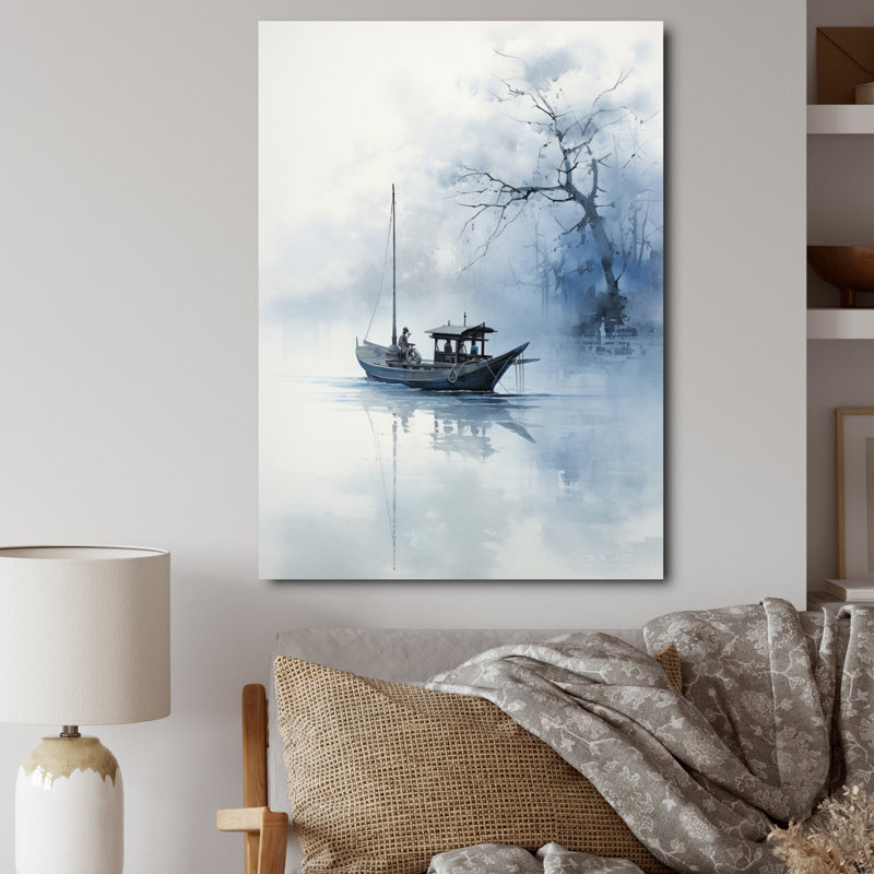 Art asiatique, bateau bleu - impression, H 32 po x l 24 po x P 1 po, Toile tendue