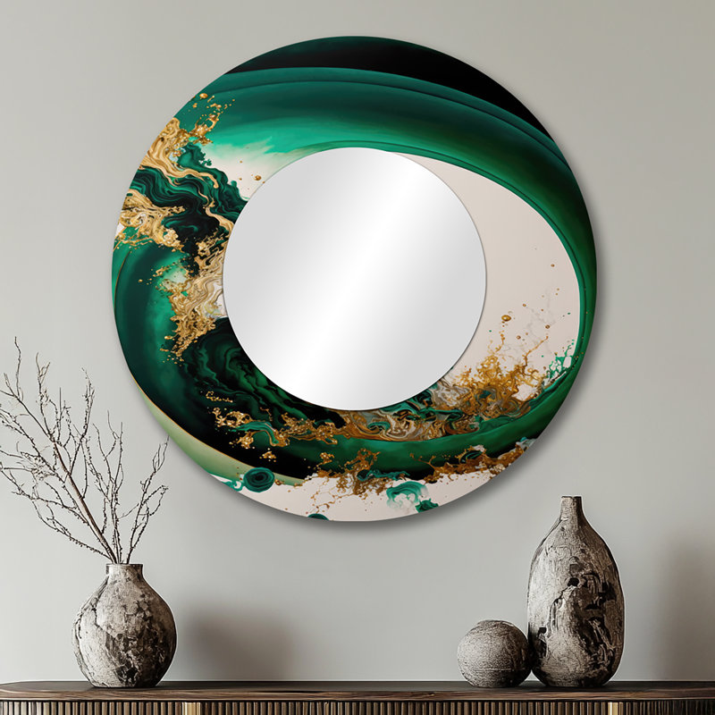 Pazley Emerald Green And Gold Abstract Waves II - Abstract Spirals Mirror, Green Decorative Wall Mirror, Printed Metal Art