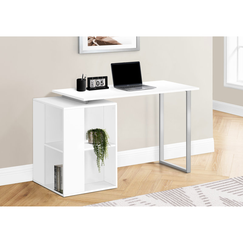 Bureau de travail moderne avec rangement supplémentaire - l 55 po, stratifié blanc, métal gris, mobilier de bureau personnel, option d'assemblage à gauche et à droite