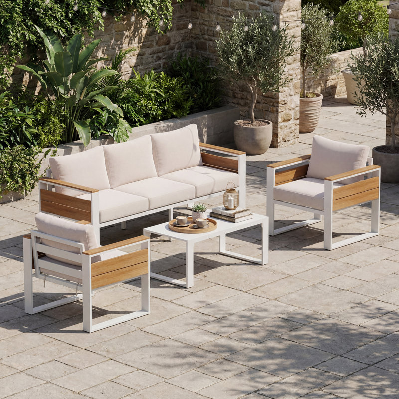 Ensemble de conversation modulaire en aluminium pour 5 personnes avec table basse et coussins épais