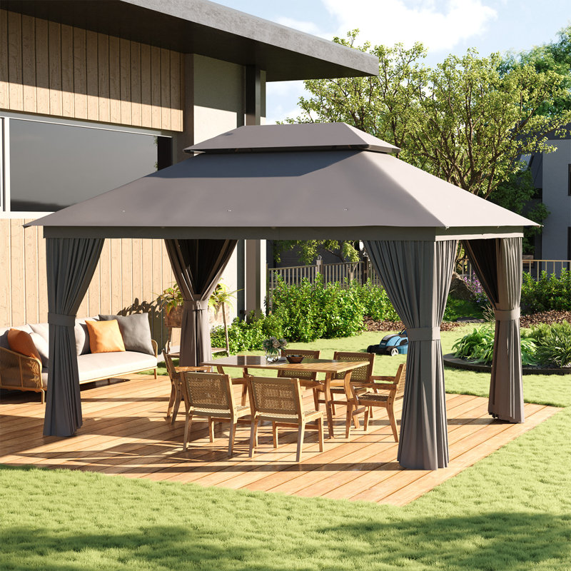 Jolydale  Outdoor Soft Top Gazebo with Double Roof, Canopy Gazebo with Mosquito Netting and Curtains, Suitable for Patios, Lawn and Backyard