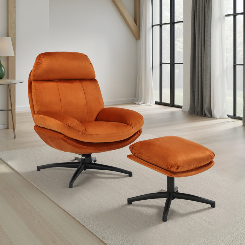 Velvet Swivel Accent Chair with Footstool, Orange