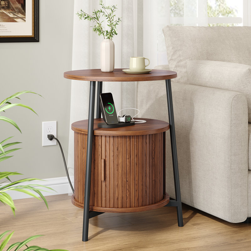 Table de bout ronde 23,8 po avec station de charge et porte tambour coulissante, table d'appoint cannelée avec rangement, 1