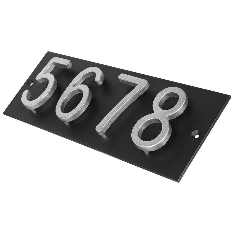 Plaque d'adresse horizontale flottante en aluminium Royal Shade - 4 chiffres personnalisés, Argent argent, Noir, Oui