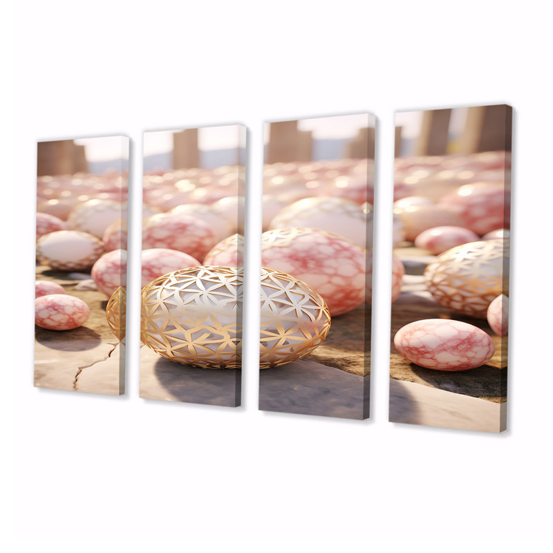 Fleur de vie, sphère florale rose - toile abstraite d'art mural, 4 pièces, H 28 po x l 48 po